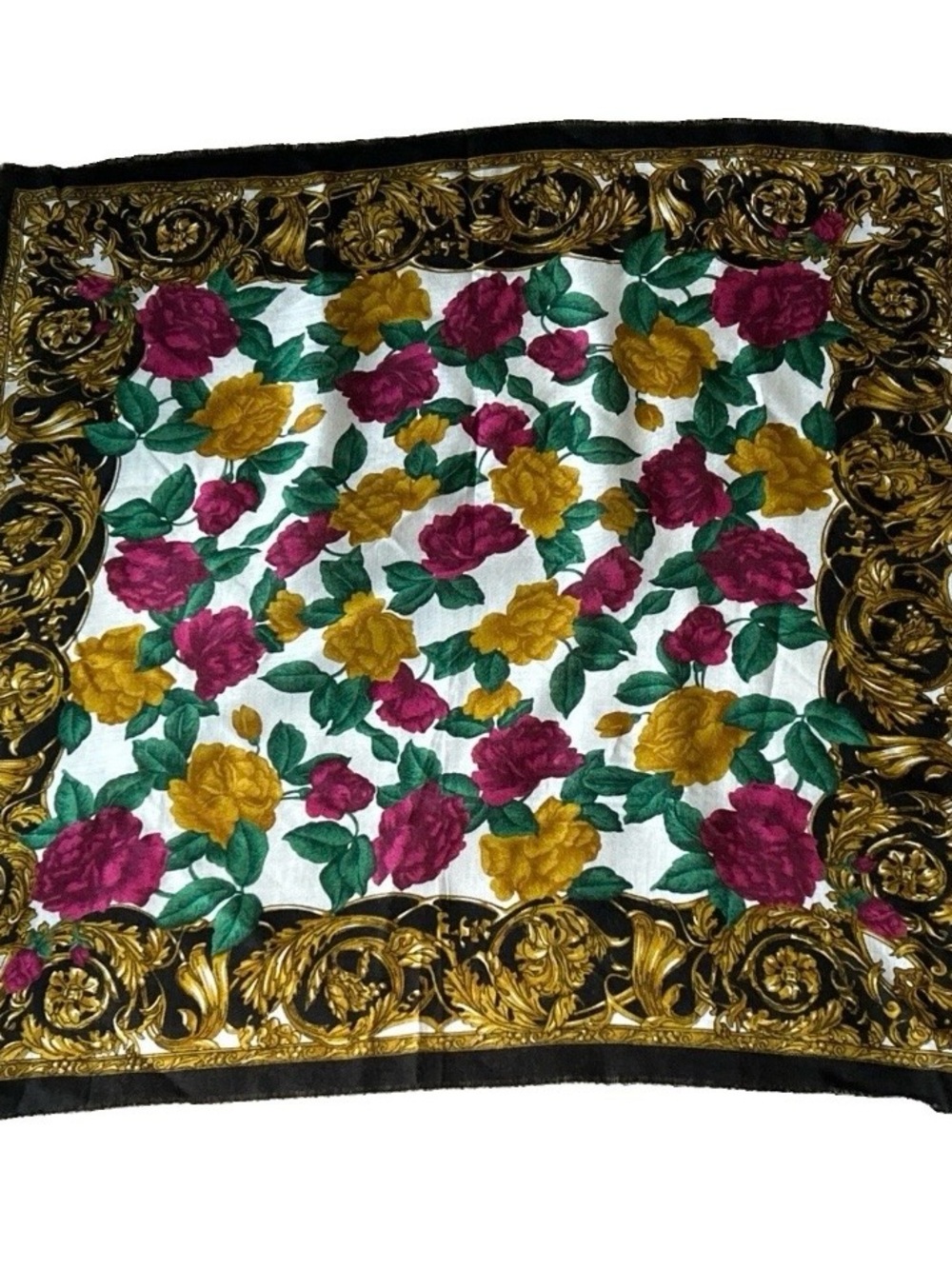 Vintage Square Scarf Made In Japan Colorful Floral 28” Gold Black Border Fringed